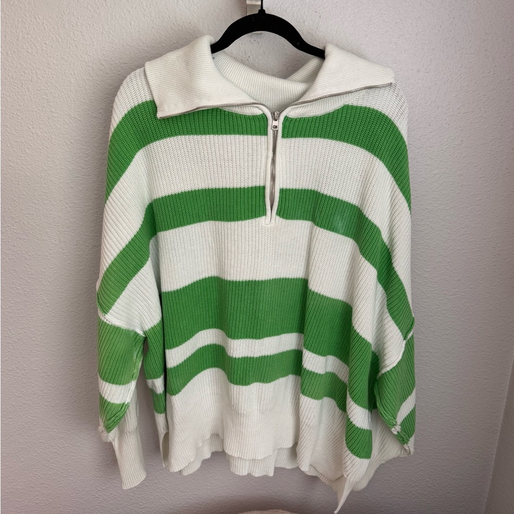 Aerie Green and White Striped Cowl Neck Sweater